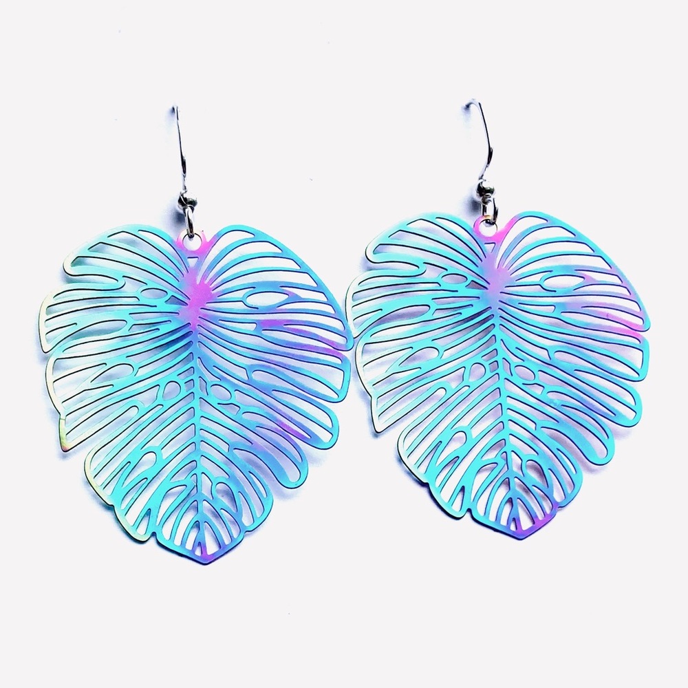 Summer Palm Monstera Leaf Colorful Earrings Metal